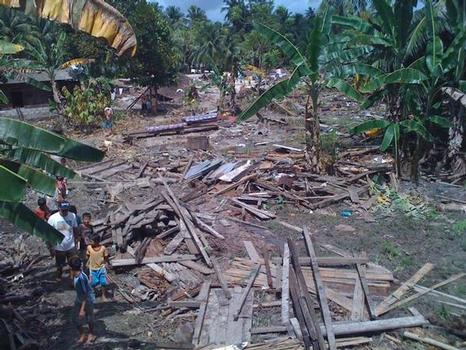 Damage to the village of Masokut in the Mentawai Islands. According to Surfaid