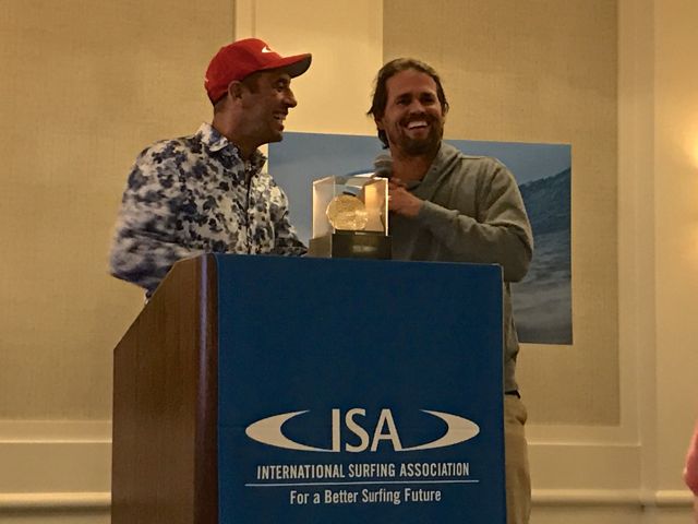 ISA President Fernando Aguerre with Surfer Damien Hobgood in Laguna Beach last night