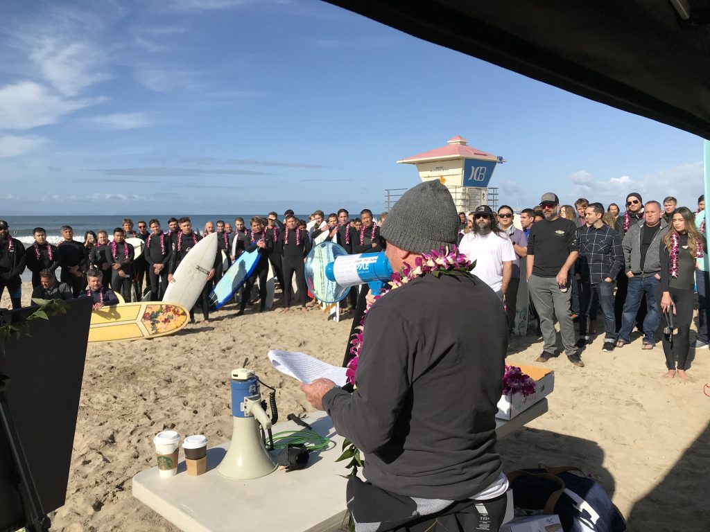 Quiksilver's Bob McKnight made a speech remembering Pierre before the paddle out