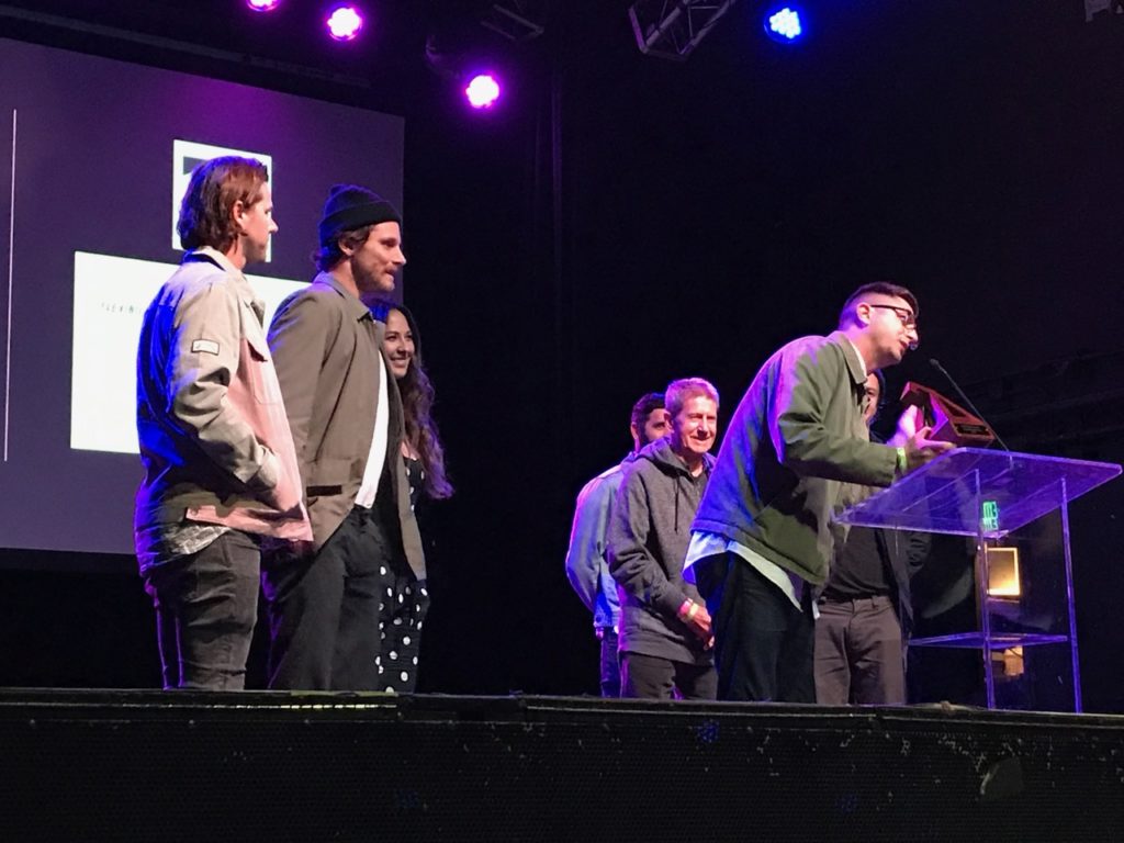 Mark Weber accepting the award for Billabong Men's, which won Boardshort of the Year among other awards