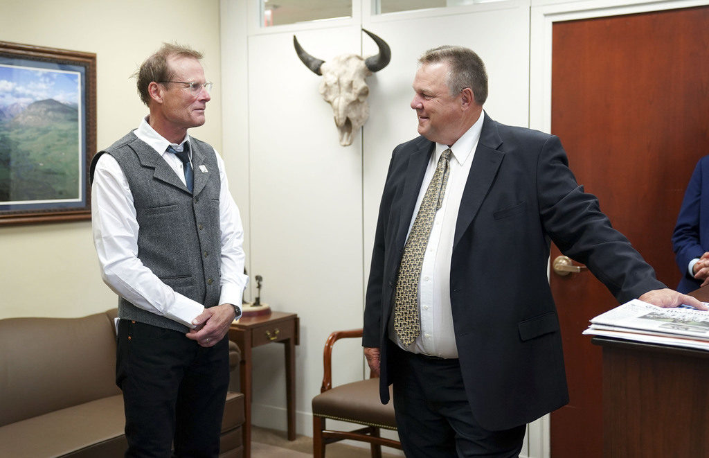 Mountaineer Conrad Anker meets with Senator Jon Tester (D-MT) on Capitol Hill during Pro Athletes Join Protect Our Winters Action Fund In Urging Congress To Act On Climate Climate, Public Lands at Capitol Hill on September 12, 2019 in Washington, DC. Photo by Leigh Vogel/Getty Images