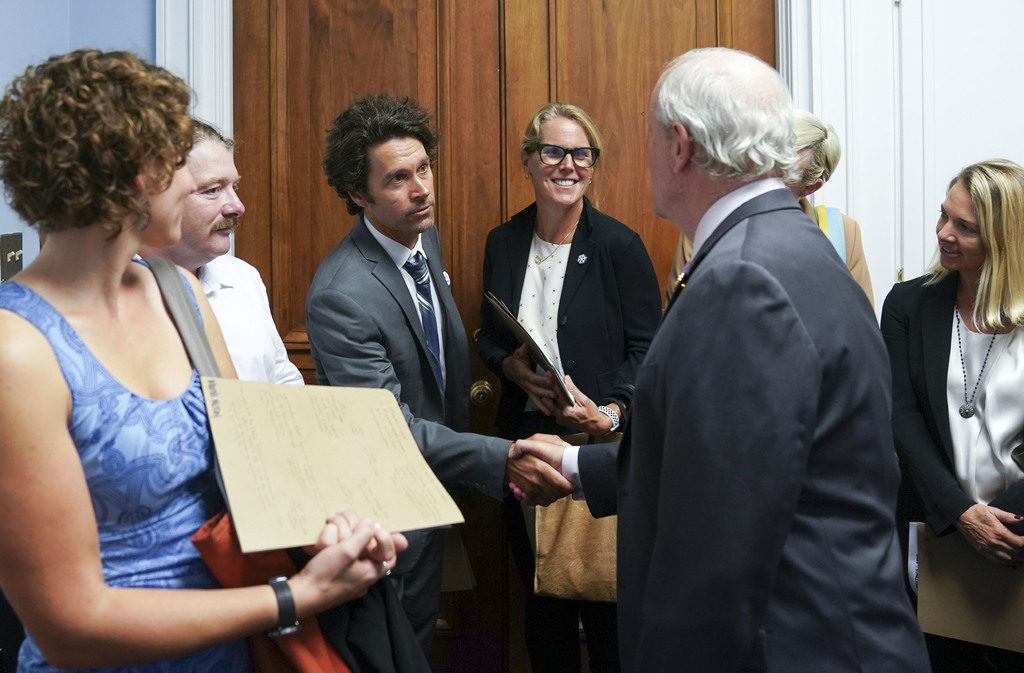 Congressman Jerry McNerney (D-CA) meets with Jeremy Jones, snowboarder and founder of Protect Our Winters, and POW members during Pro Athletes Join Protect Our Winters Action Fund In Urging Congress To Act On Climate Climate, Public Lands at Capitol Hill on September 12, 2019 in Washington, DC. Photo by Leigh Vogel/Getty Images
