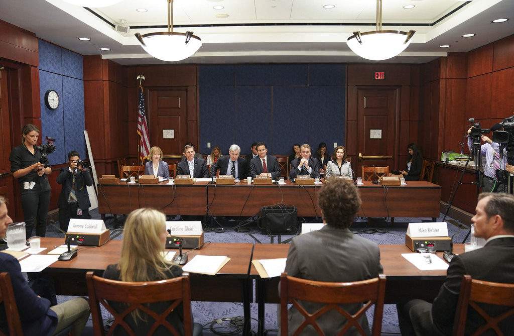 Democrats Special Committee on the Climate Crisis members Senator Tina Smith (D-MN), Senator Martin Heinrich (D-NM), Senator Sheldon Whitehouse (d-RI), Senator Brian Schatz (D-HI), Senator Michael Bennet (D-CO), and Senator Catherine Cortez Masto (D-NV) listen to Ice Hockey Professional Mike Richter, snowboarder and founder of Protect Our Winters Jeremy Jones, Skier Caroline Gleich, and rock climber Tommy Caldwell testify during Pro Athletes Join Protect Our Winters Action Fund In Urging Congress To Act On Climate Climate, Public Lands at the U.S. Capitol on September 12, 2019 in Washington, DC. Photo by Leigh Vogel/Getty Images