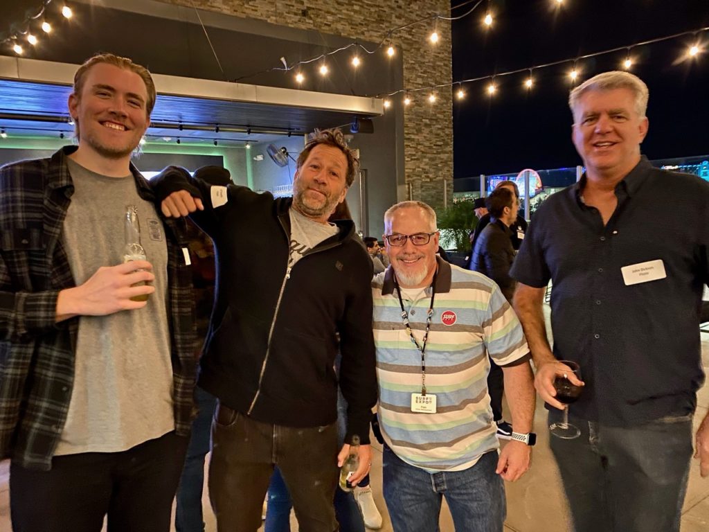 Kyle Hoag and Jeff Booth of Flojos, Steven Fisher of Surf Expo, John Dickinson of Flojos