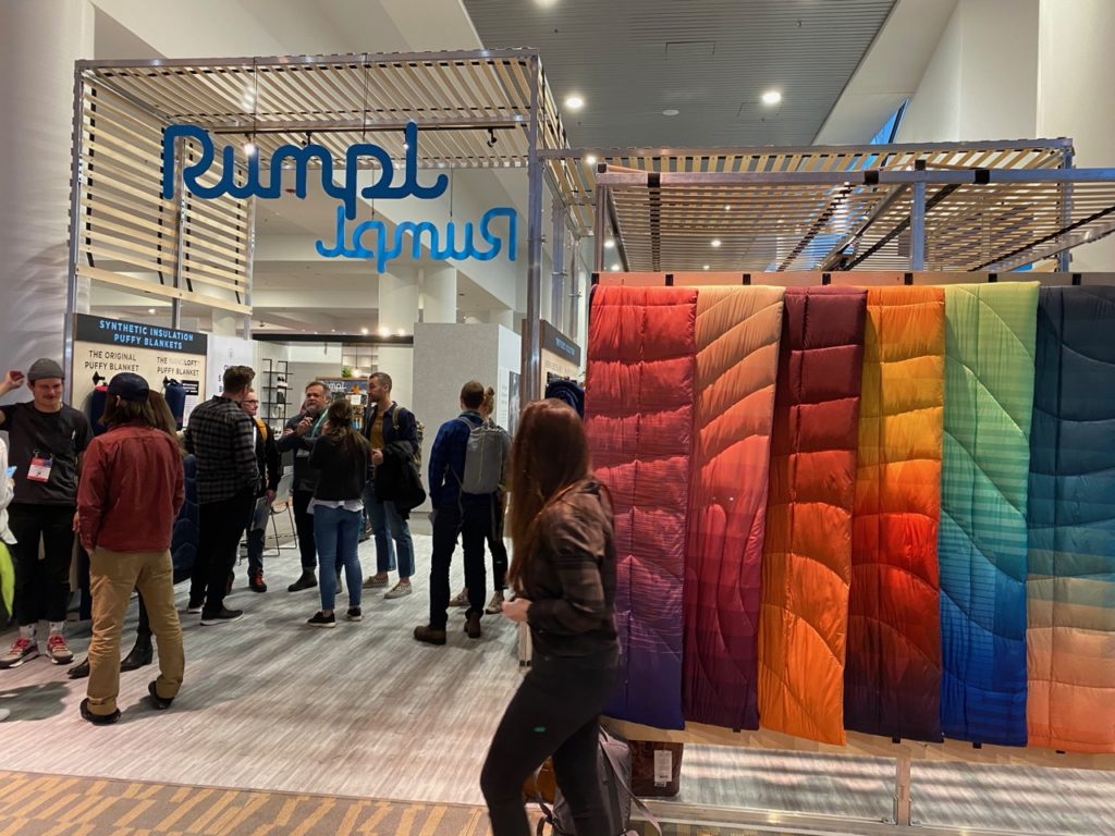 The colorful Rumpl booth in the Venture Out section of the show
