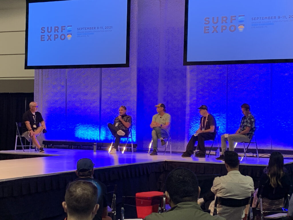 A panel discussion moderated by Steven Fisher of Surf Expo featuring Josh Reddin of Elastic, Cory Higgins of Jetty, George Leichtweis of Modern Skate & Surf, and Mike Reilly of Quiksilver