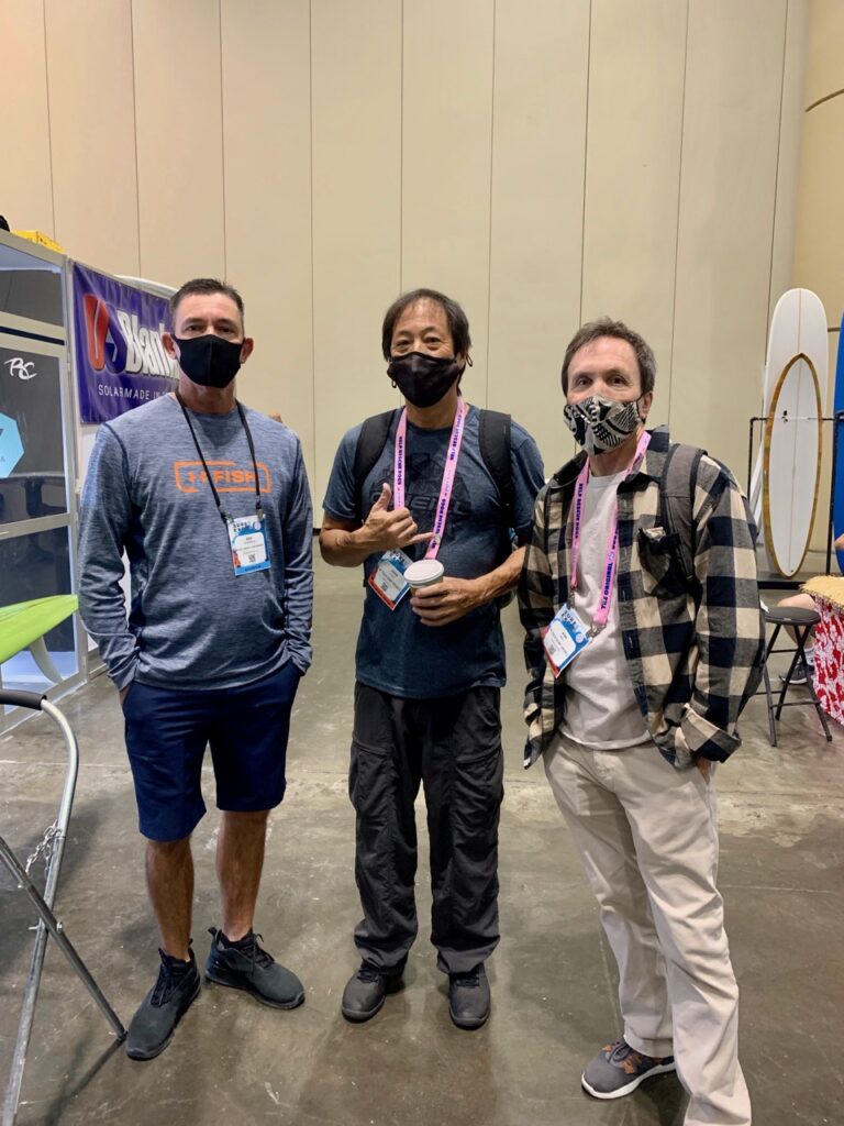 Rob Opperman of Ricky Carroll Surfboards, John Chiu and Kim Ball of Hi Tech in Maui - Photo by SES