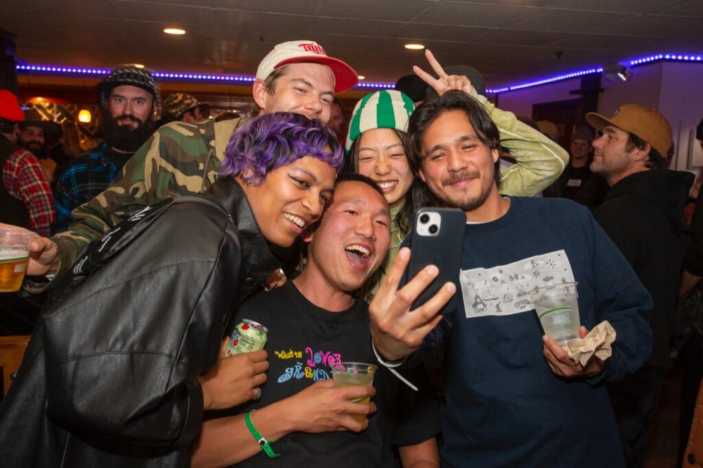 Front row: Kien Caples, Jeff Cheung and Gabriel Ramirez of There Skateboards. Back row: Tim Fulton of Deluxe and Skater Eunice Chang of Worble 