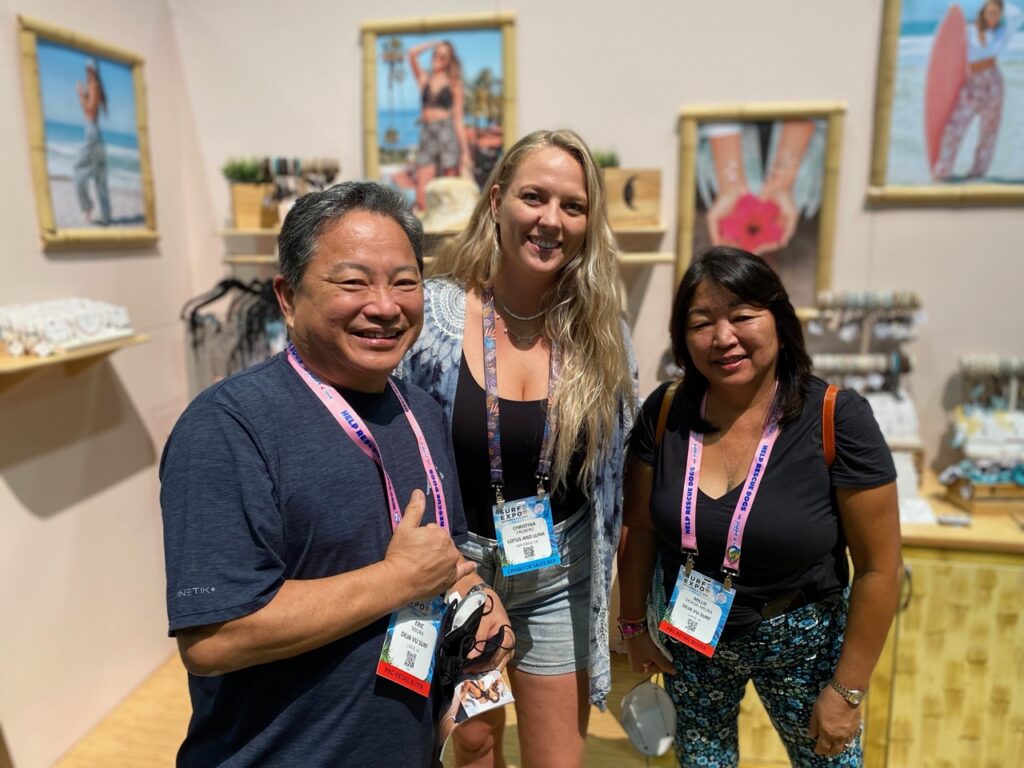 Eric Miura of Deja Vu Surf Shop, Christina Freberg of Lotus and Luna and Millie Okada Miura of Deja Vu