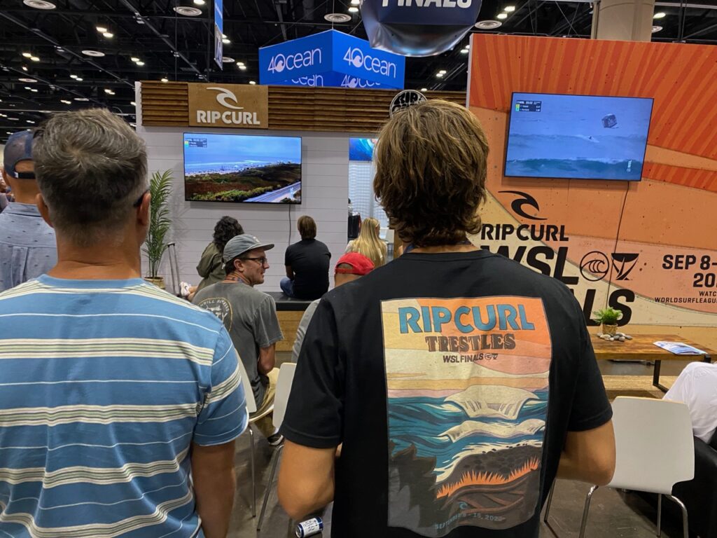 Watching the Rip Curl WSL Finals at the Rip Curl booth