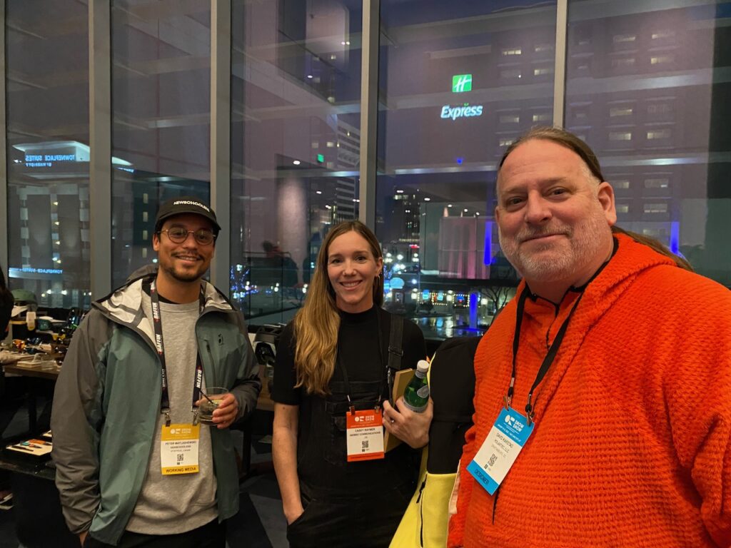 Peter Matlashewski of Newschoolers, Casey Raymer of Akimbo Communications, and David Karstad of Polartec at the Media Preview on Monday night
