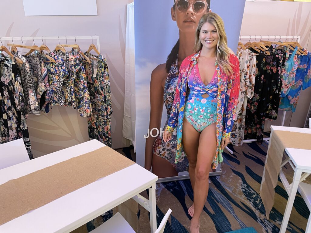 The Johnny Was booth touted the company's scarf-inspired prints on swimwear and cover-ups